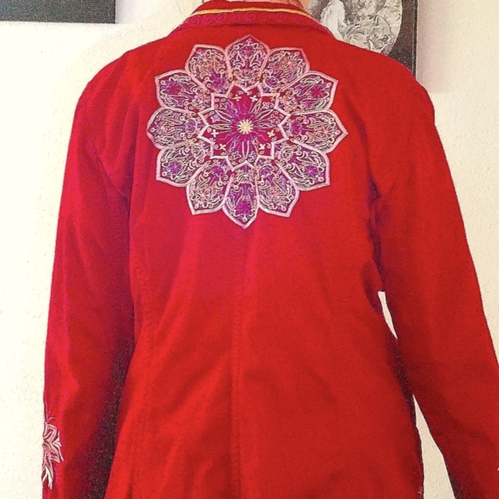 JOHNNY WAS couture embroidered, mid-length cotton coat beautifully detailed red